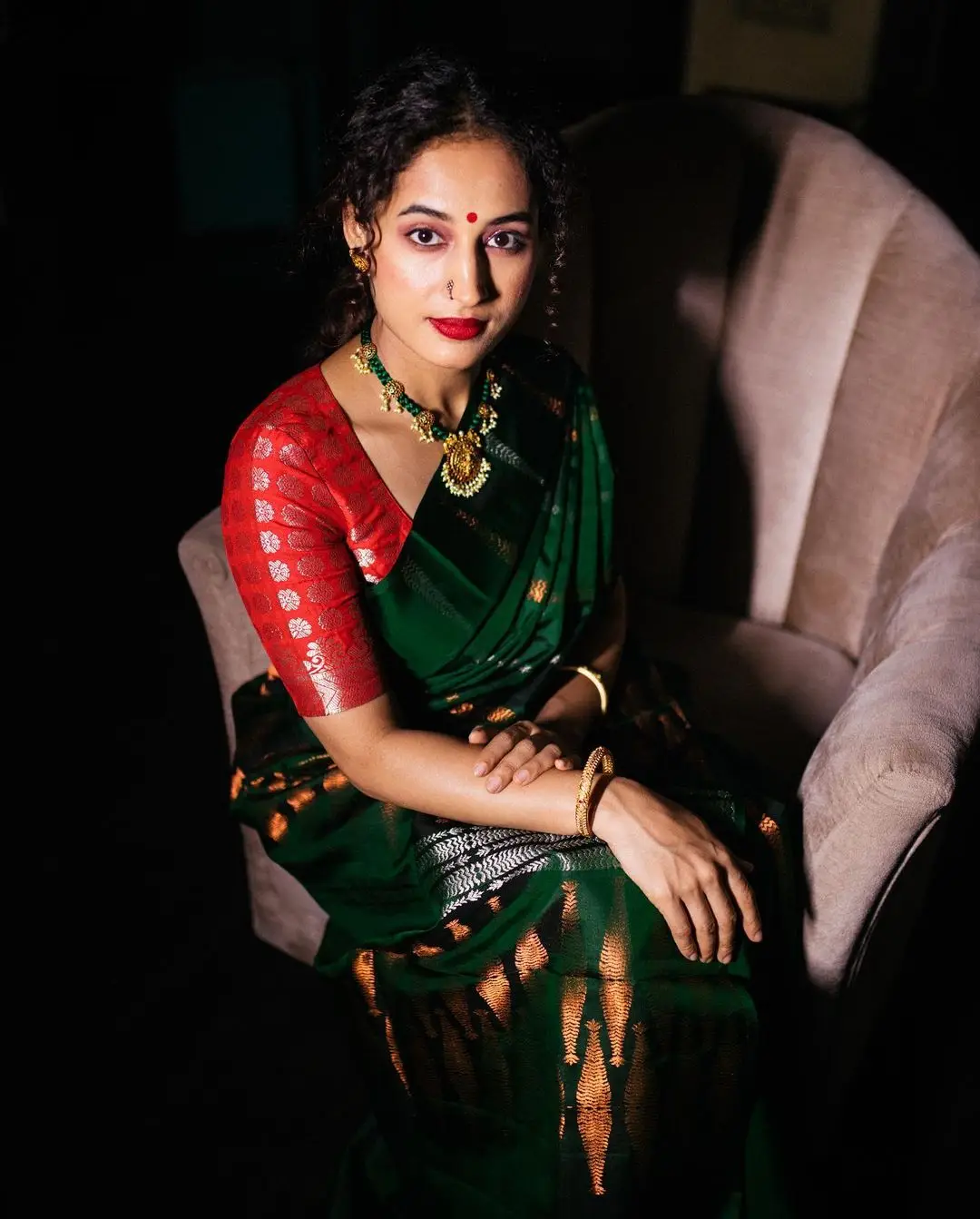 Pooja Ramachandran Stills in Green Saree Red Blouse